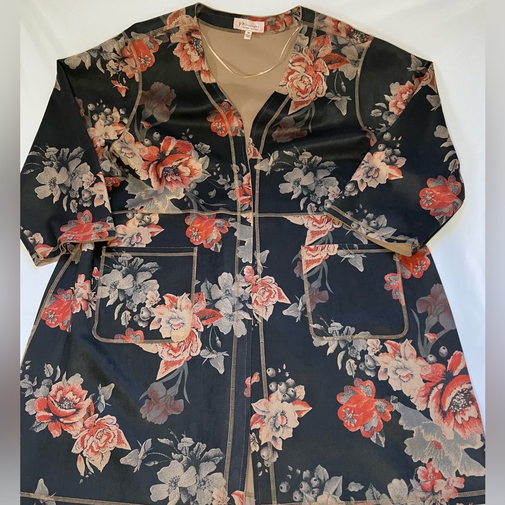 Philosophy Open Front Faux Leather Floral Long Jacket 3XL
